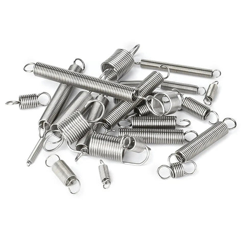 Stainless Steel Tension Springs With Hooks For Tool Accessories And DIY Projects 8mm Wire By 10 Pcs Set Including 20mm Extension Stretch Gears That Rock, arranged in a pile.