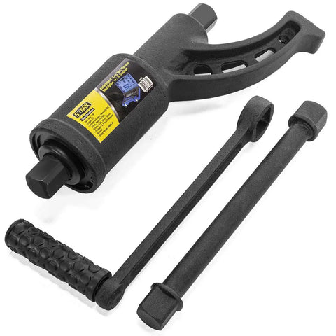Heavy Duty Torque Multiplier Lug Nut Wrench Set Eight-Piece Cr-V Socket 24mm to 38mm Labor Saving Tool For Semi Trucks And RVs Case Included Rust Busting Power For Stubborn Lug Nuts On Heavy Duty Vehicles Not For Small Cars displayed with handle and extension bar.