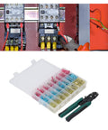 Must-Have Self-Adjustable Ratchet Ferrule Crimping Tool Kit For AWG 22 To 10 Wires, Comes Loaded With 200 Insulated Electrical Connectors And Snazzy Storage Box Perfect For Marine Automotive Hobbies. Ferrule crimping kit with insulated connectors and storage box
