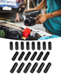 Mechanic pouring fluid beside black aluminum lug nuts, Sleek Black Aluminum Wheel Lug Nuts M12x1.5 Forged Bolt Kit 60 Degree Seat Perfect To Lighten Ride And Spice Up Your Cars Trucks SUVs For Better Handling And Cool Style Vibes Every Day.