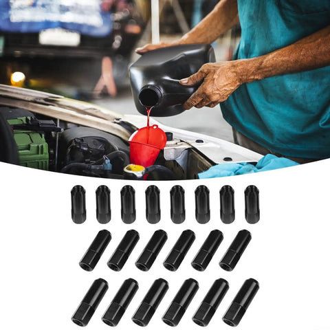 Mechanic pouring fluid beside black aluminum lug nuts, Sleek Black Aluminum Wheel Lug Nuts M12x1.5 Forged Bolt Kit 60 Degree Seat Perfect To Lighten Ride And Spice Up Your Cars Trucks SUVs For Better Handling And Cool Style Vibes Every Day.