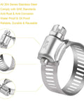 Close-up of Stainless Steel Hose Clamps 16 Pack SAE 16 Worm Gear Drive Clamps for automotive plumbing, 19mm-38mm range.