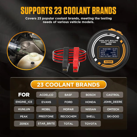 Straight Up Accurate Coolant Boiling Point Tester With Bright Oled Display showing 23 coolant brands for car diagnostics.