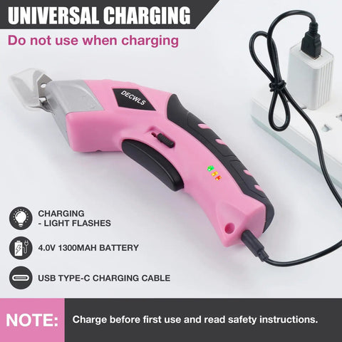 Hot 4V Cordless Electric Scissors With 3 Sharp Blades For Fabric And Cardboard charging with USB Type-C cable.