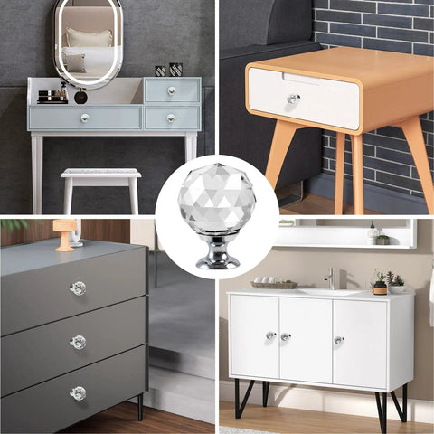 Collage of furniture with Six Pack Clear Crystal Glass Diamond Door Knob Set for cabinets, dressers, and round wardrobe pulls with aluminum base.