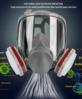 Front view of Pro Grade Full Face Respirator Mask With Replaceable Filters And 10 Spare Dust Pads For Painting Welding Sanding Dust And Construction Work Reusable Silicone Comfort Fit Industrial Grade Safety Gear showing filter details and protection info.
