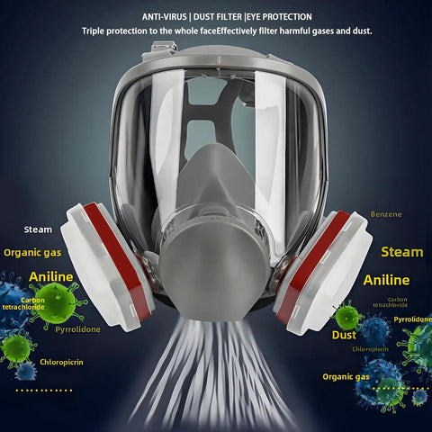 Front view of Pro Grade Full Face Respirator Mask With Replaceable Filters And 10 Spare Dust Pads For Painting Welding Sanding Dust And Construction Work Reusable Silicone Comfort Fit Industrial Grade Safety Gear showing filter details and protection info.