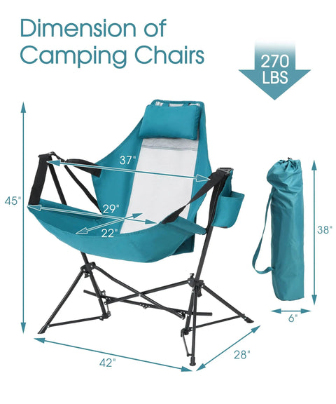 Dimensions of blue Two Pack Hammock Camping Chairs With Stand And Storage Bag, shown folded with stand and bag