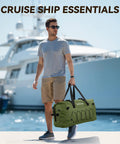 Man holding green Waterproof Duffel Bag For Outdoor Adventures Kayaking Extra Large 60L Rolltop Dry Bag with ship in background