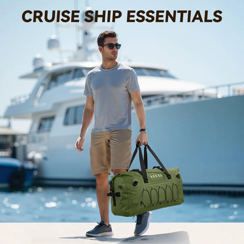 Man holding green Waterproof Duffel Bag For Outdoor Adventures Kayaking Extra Large 60L Rolltop Dry Bag with ship in background