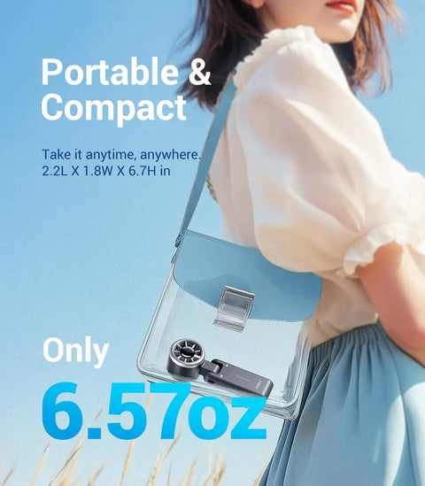 Portable Handheld Turbo Fan With JetForce Aero Turbojet Technology in clear bag, ideal for travel and camping.
