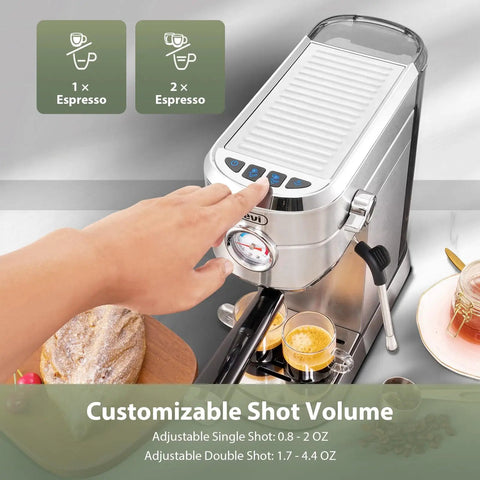 Overhead view of Barista Grade Espresso Machine With Milk Frother For Home Use, 20 Bar Pump, Stainless Steel Build