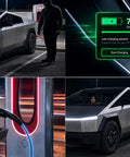 Tesla Supercharger Release Tool For Rapid Ev Cable Breakaway Keeps You Seated And Lets You Bail Out Fast Without Stepping Out Cybertruck Compatible Charging Aid, showing Cybertruck charging at a station.