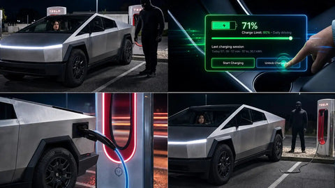 Tesla Supercharger Release Tool For Rapid Ev Cable Breakaway Keeps You Seated And Lets You Bail Out Fast Without Stepping Out Cybertruck Compatible Charging Aid, showing Cybertruck charging at a station.
