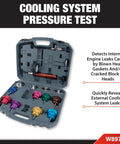 Hassle Free Cooling System Pressure Testing Kit With Extra Tough Hand Pump And Twelve Adapters For Every Domestic Rig showing case and colorful adapters.