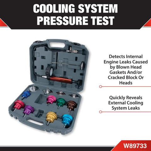 Hassle Free Cooling System Pressure Testing Kit With Extra Tough Hand Pump And Twelve Adapters For Every Domestic Rig showing case and colorful adapters.