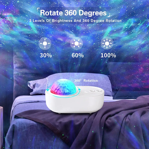 Bedroom with Star Projector For Bedroom 4 In 1 With Bluetooth Speaker Remote And Timer 10 Color LED Lights Night Light on bed
