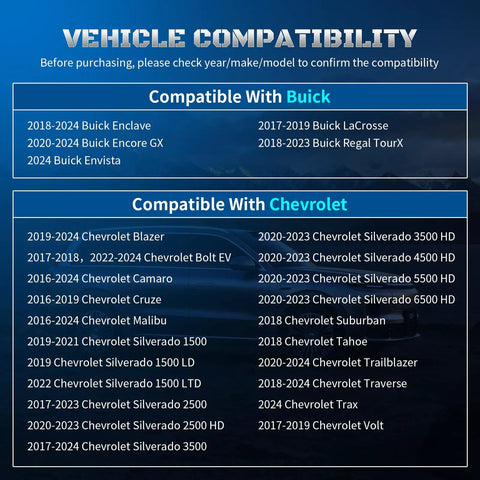 Vehicle compatibility chart for Heavy Duty TPMS Tire Pressure Sensor Replacement for Chevy GMC Cadillac Models.