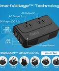 Six In One Travel Adapter And Voltage Converter With Surge Protection For 220V To 110V Countries, front view, black.