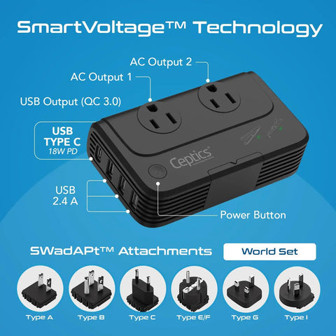 Six In One Travel Adapter And Voltage Converter With Surge Protection For 220V To 110V Countries, front view, black.