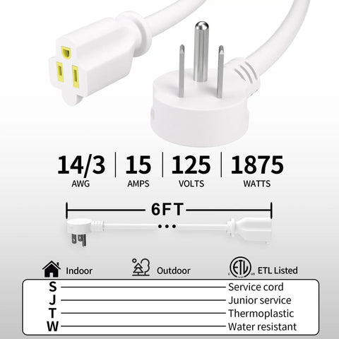 6 Ft 14 Gauge Low Profile Flat Plug Extension Cord White With NEMA 5-15P To NEMA 5-15R Heavy Duty 15 Amp 125 Volt 1875 Watt Cable For Home Office And Workshop, 6 ft