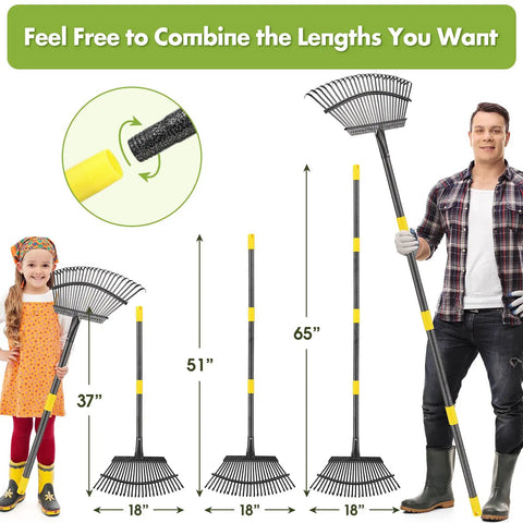 Heavy Duty Leaf Rake For Lawns And Yards With 65 Inch Adjustable Handle And 18 Inch Wide Head 25 Metal Tines