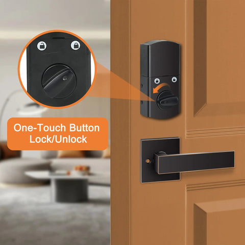 Electronic Keypad Deadbolt Lock And Handle Set With Keyless Entry Backlit Keypad Auto Lock Easy Install For Left Or Right Hand Doors 50 User Codes Black Finish on wooden door showing one-touch button lock and unlock feature.
