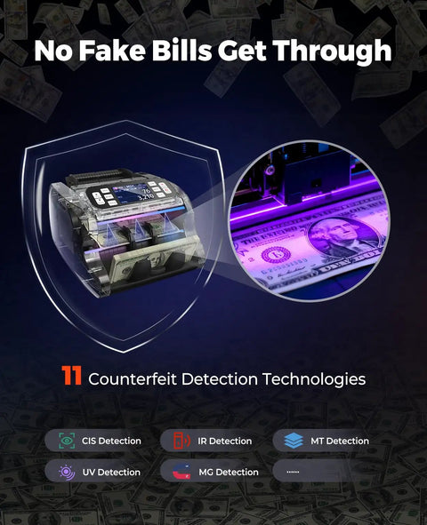 Mixed Denomination Money Counter With Multi Currency Support, Dual Display, UV IR MG Counterfeit Detection For USD MXN EUR CAD Bills