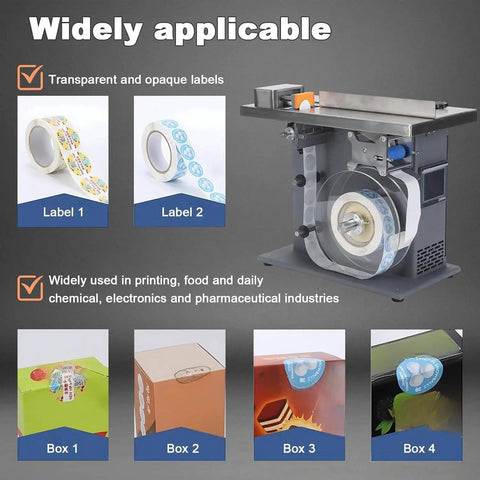 Premium Semi-Automatic Corner Labeling Machine With Digital Touch Screen And Automatic Centering showing label rolls and labeled boxes.