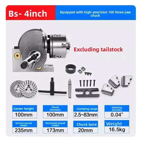 Rock Solid Universal Dividing Head With 3 Jaw Chuck And Matching Tailstock For CNC Rotary Axis Setups Running Smooth Precision Milling Work That Always Nails The Mark 4 Inch 100mm with 100mm chuck.