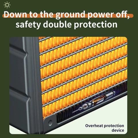 Close-up of Under Desk Space Heater with PTC ceramic heating element and overheat protection feature, showing safety details.