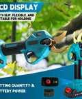 Hella Durable Brushless Pole Pruner With 8Ft Extension showing LCD display and cutting action for tree trimming branches.