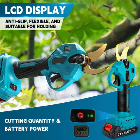 Hella Durable Brushless Pole Pruner With 8Ft Extension showing LCD display and cutting action for tree trimming branches.