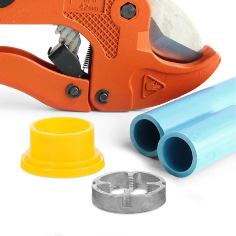 Toddmomy Electric Pipe Threader Kit Compat With Manual Power Drill Plastic Pvc Threading Tool Set Lightweight For Plumbing, orange cutter and PVC parts.