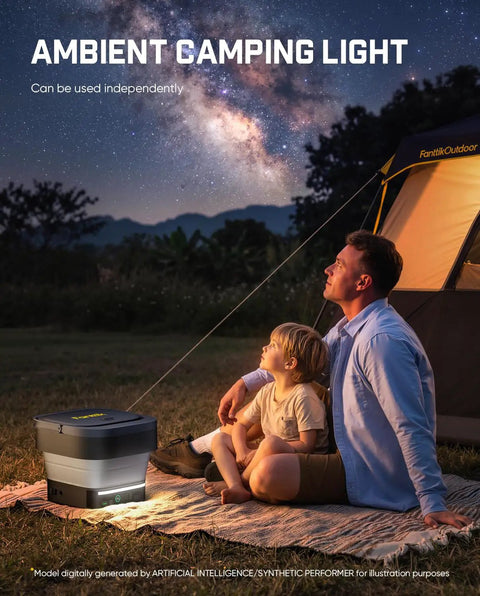 Foldable Cordless Pressure Washer For Quick Light Cleaning On Patio, Bikes, And Camping With 3.2 Gallon Tank beside tent
