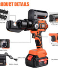 Heavy Duty Electric Battery Lug Crimping Tool With Rechargeable Brushless Motor And Solid 12 Ton Hydraulic Force Paired With Nine Precision Dies for easy use and maintenance.