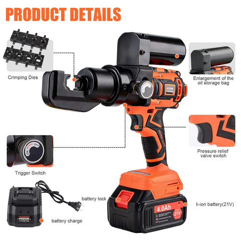 Heavy Duty Electric Battery Lug Crimping Tool With Rechargeable Brushless Motor And Solid 12 Ton Hydraulic Force Paired With Nine Precision Dies for easy use and maintenance.