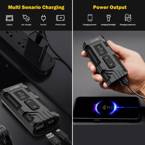 USB rechargeable battery for 9000 Lumen Bike Headlight With High And Low Beams, showing multi-scenario charging and power output features.
