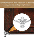 Close-up of silver zinc alloy decorative furniture leg on wood, 20 Piece Silver Zinc Alloy Decorative Furniture Leg Set For Jewelry Boxes And Wooden Cases With Screws Retro Style Easy To Install Durable Metal Feet For Wood Case Corner Protection.