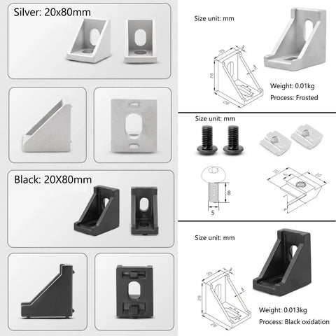 Diagram of 16 Piece Black 2020 Series Aluminum Extrusion Connector Kit with silver and black corner brackets, bolts, and nuts.