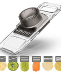 KEOUKE transparent handheld mandoline slicer with 6 interchangeable blades and clear hand guard, front view