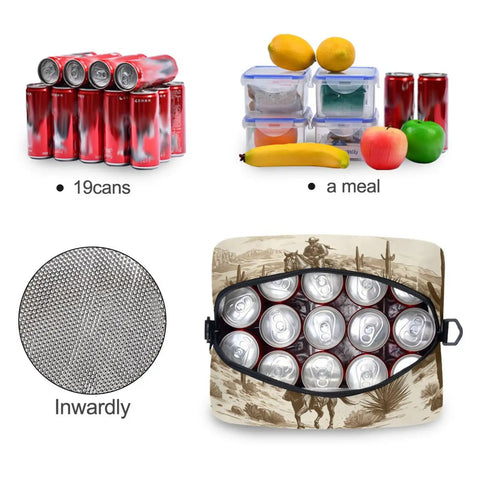 Desert Cowboy Insulated 10L Cooler Bag Leakproof Lunch Box open with soda cans, insulated interior and cowboy design.