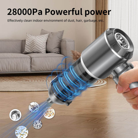 Powerful Cordless Handheld Vacuum With 28000Pa Brushless Motor, cleaning living room floor with visible suction force