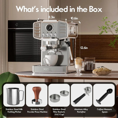Heavy Duty Stainless Steel Espresso Machine Featuring A Clear Visual Pressure Gauge And A Mighty Twenty Bar Pump Pulling Straight Fire Shots With Knockout Quality Crema Daily with included accessories on display.