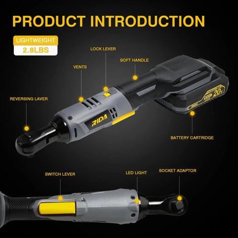 Close-up of Cordless Ratchet Wrench Set 60 Nm 20V Electric 3/8 Inch Kit with highlighted features and labels