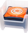 Open Stak-N-Store Stackable Storage Bins 2-Pack Heavy Duty Open Front Plastic Organizer with orange and blue items inside.