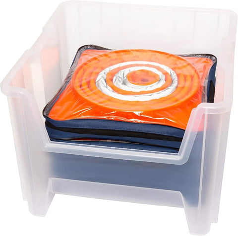 Open Stak-N-Store Stackable Storage Bins 2-Pack Heavy Duty Open Front Plastic Organizer with orange and blue items inside.