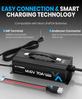 Heavy Duty 14v 70a Lifepo4 Battery Charger For 12v Lithium Systems with M8 terminal and Anderson connector for easy connections.