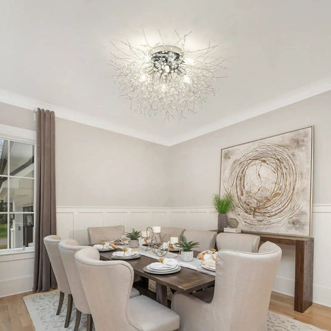 Dining room with Super Cool Crystal Flush Mount Ceiling Light With Chrome Sputnik Firework Chandelier Design Eight Light
