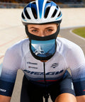 Cyclist wearing Cooling Neck Gaiter For Men And Women With Yacht Sailboat Print Sun Protection Polyester Breathable Moisture Wicking Face Mask For Cycling Hiking Fishing And Outdoor Adventures